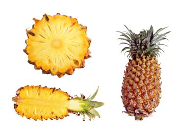 Turuncu ananas seti, dilimler / yarısı beyaz arkaplanda izole edilmiş, gölgesi yok.