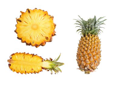 Turuncu ananas seti, dilimler / yarısı beyaz arkaplanda izole edilmiş, gölgesi yok.