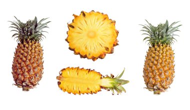 Turuncu ananas seti, dilimler / yarısı beyaz arkaplanda izole edilmiş, gölgesi yok.
