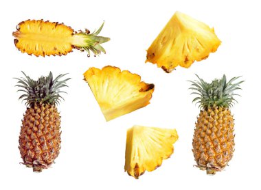 Turuncu ananas seti, dilimler / yarısı beyaz arkaplanda izole edilmiş, gölgesi yok.