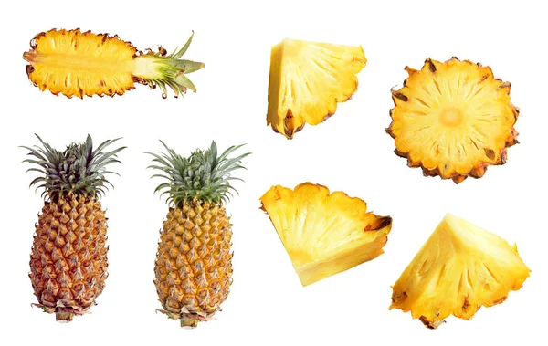 Turuncu ananas seti, dilimler / yarısı beyaz arkaplanda izole edilmiş, gölgesi yok.