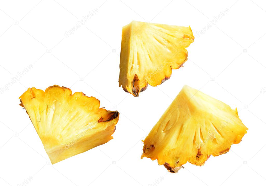 Set of orange pineapples slices/half cut/ pieces isolated in white background, no shadow