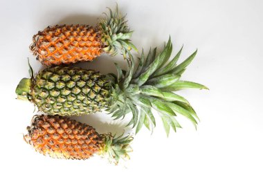 Yeşil ananas ve portakal ananasları, parlak sarı arka planda izole edilmiş taze tropikal meyve arka planında, yaz / bayram, yiyecek ve içecek, sulu, serin, vegan, sağlıklı gıda, fitness