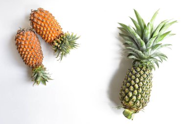 Yeşil ananas ve portakal ananasları, parlak sarı arka planda izole edilmiş taze tropikal meyve arka planında, yaz / bayram, yiyecek ve içecek, sulu, serin, vegan, sağlıklı gıda, fitness