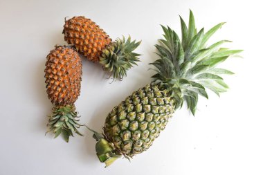 Yeşil ananas ve portakal ananasları, parlak sarı arka planda izole edilmiş taze tropikal meyve arka planında, yaz / bayram, yiyecek ve içecek, sulu, serin, vegan, sağlıklı gıda, fitness