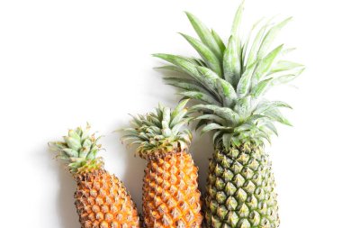 Yeşil ananas ve portakal ananasları, parlak sarı arka planda izole edilmiş taze tropikal meyve arka planında, yaz / bayram, yiyecek ve içecek, sulu, serin, vegan, sağlıklı gıda, fitness