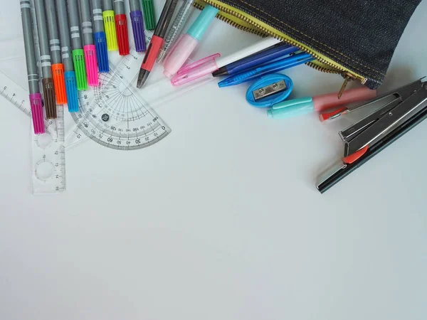 School Supplies Placed White Background Top View Pattern Have Free — Stock Photo, Image