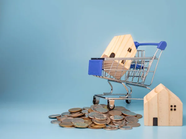 Una Casa Legno Modello Carrello Della Spesa Con Mucchio Monete — Foto Stock
