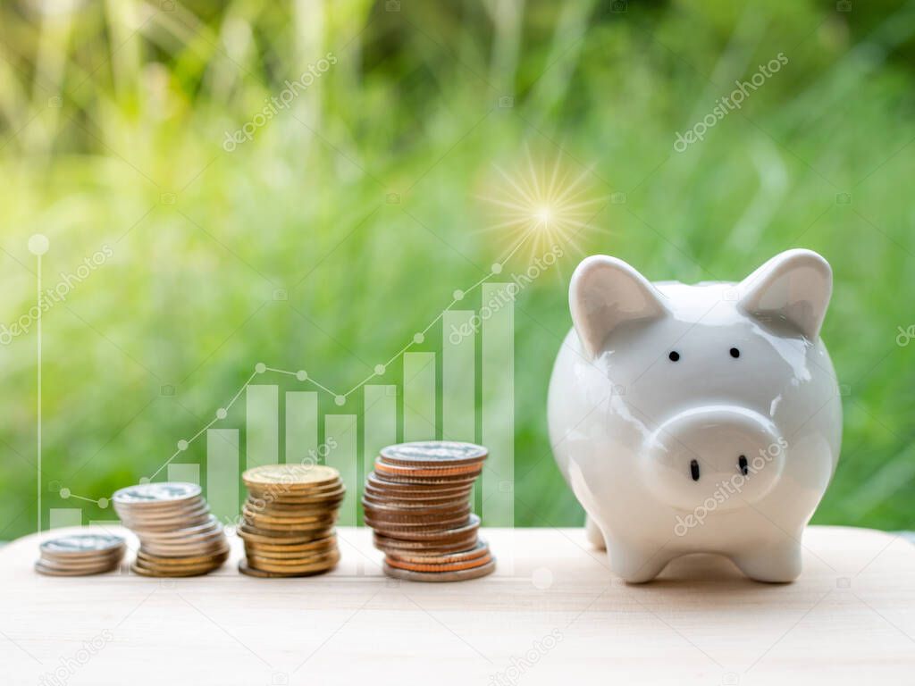 Piggy bank and Money coins with stack growing graph and nature background. business concept. saving concept.