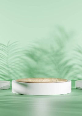 Yumuşak palmiye yaprağı gölgeli, yatıştırıcı yeşil arka planda, beyaz ve ahşap podyumun dikey 3D görüntüsü, güzellik, sağlık, cilt bakımı, çevre dostu ürün markalaşması için mükemmel bir sahne.