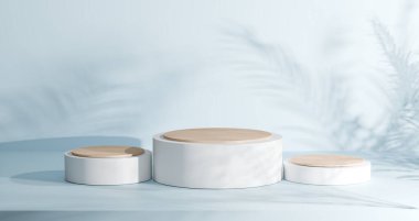 Ürün görüntüleme, kozmetik modelleme, markalaşma sunumu ve modern minimal tasarım konsepti için ahşap kaplama ve yumuşak gölge arka planına sahip minimum 3D podyum sahnesi.