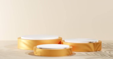 Minimalist 3D işlemeli altın silindirler ve mermer küreler yumuşak doğal ışık altında. Kozmetik, cilt bakımı ya da güzellik reklamları için şık ürün gösterisi.