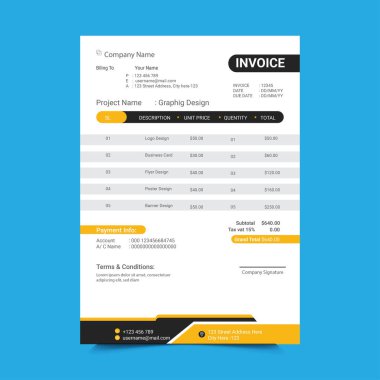 Asgari Sarı ve Siyah Fatura Şablonu Tasarımı. Müşteri için İş Ödeme Tarihi Tasarımı. Ürün Tanımı.