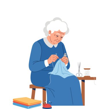 Yaşlı kadın dikiş yapıyor - Büyükanne dikiş dikiyor ve dikiş dikiyor