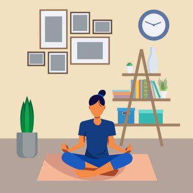 Kız Evde Halıda Meditasyon Yapıyor Etrafı mobilya ve evlerle çevrili.