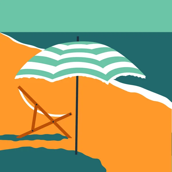 海滩伞 甲板椅 海岸线 在海滩上放松 休学夏天的时候色彩艳丽的平面矢量插图 — 图库矢量图片