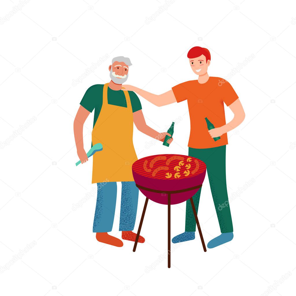 BBQ grill party. Men make barbecue in backyard. Father and son laughing outdoors, weekend meeting . Summer barbeque in the garden with the family. Vector illustration in cartoon flat style