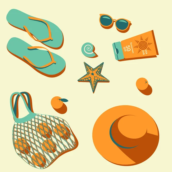 Entspannen Sie Strand Hut Sonnenschutz Brille Ökotasche Orangen Muschel Seestern — Stockvektor