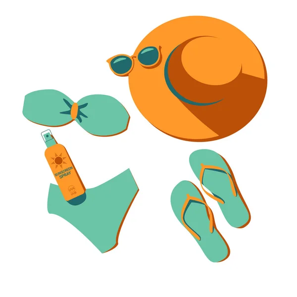 Top View Set Beach Items Elements Wear Hat Sunglasses Bikini — Stock Vector
