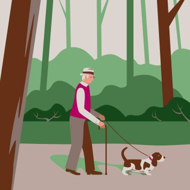 Yaşlı Yaşlı Adam Yaşlı Vatandaş Bir Köpek Basset Köpeğini Orman Parkı 'nda gezdirir, Dışarıda Emeklilerin Etkinliği' ni önemser. Düz Çizgi Film Biçiminde Vektör Resimleri