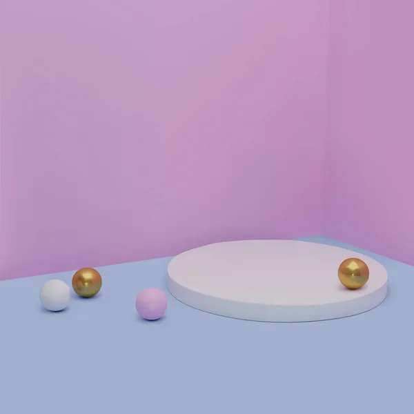 3D矢量图解 最小圆形讲台粉红色和蓝色与金球 背景抽象 现实主义 苍白的色彩 3D渲染 供展示 彩妆用 — 图库矢量图片