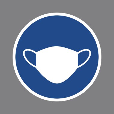 Virüsün, enfeksiyonun, gribin yayılmasını önlemek için yüz maskesi takmak zorunludur. Mavi arka planda beyaz koruma maskesi. Vektör illüstrasyonu.