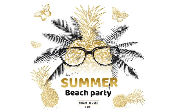 Hello PARTY, palm tree, glasses, pineapple. Hand drawn illustration.