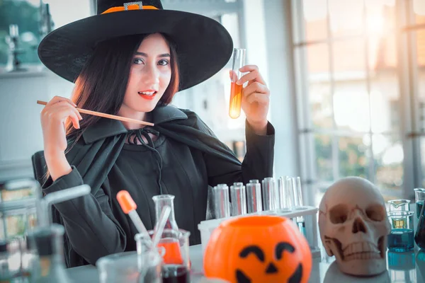 Attractive Beautiful Asian Woman Dressed Witch Using Magic Wand Casting — Stock Photo, Image