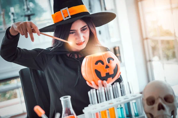 Attractive Beautiful Asian Woman Dressed Witch Using Magic Wand Casting — Stock Photo, Image