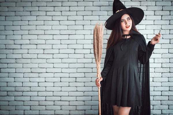 Attractive Beautiful Asian Woman Dressed Witch Holding Broom Magic Wand — Stock Photo, Image