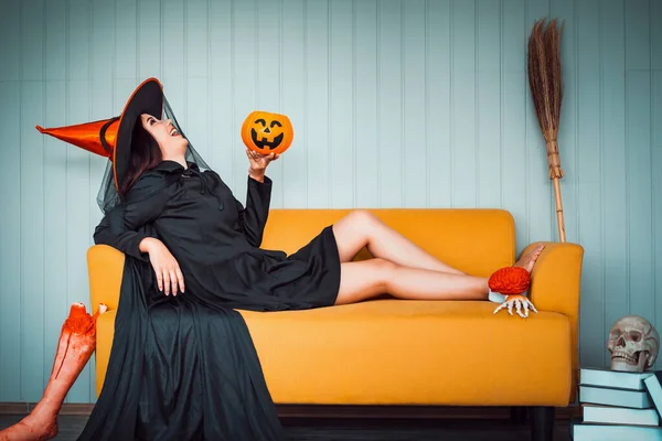 Attractive Beautiful Asian Woman Dressed Witch Holding Jack Lantern Hand — Stock Photo, Image