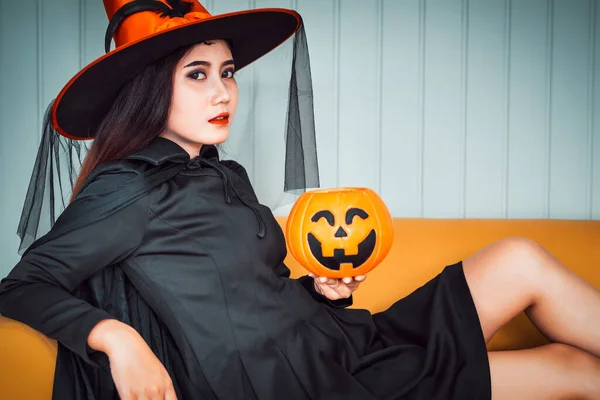 Attractive Beautiful Asian Woman Dressed Witch Holding Jack Lantern Hand — Stock Photo, Image