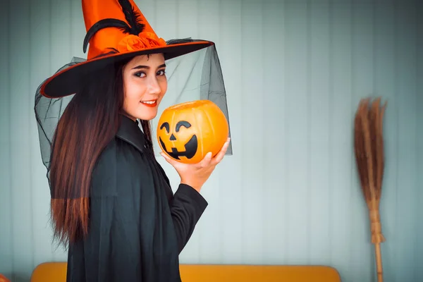 Attractive Beautiful Asian Woman Dressed Witch Holding Jack Lantern Hand — Stock Photo, Image