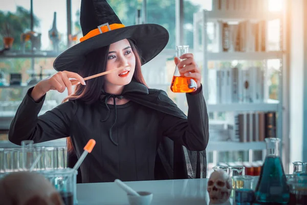 Attractive Beautiful Asian Woman Dressed Witch Using Magic Wand Casting — Stock Photo, Image