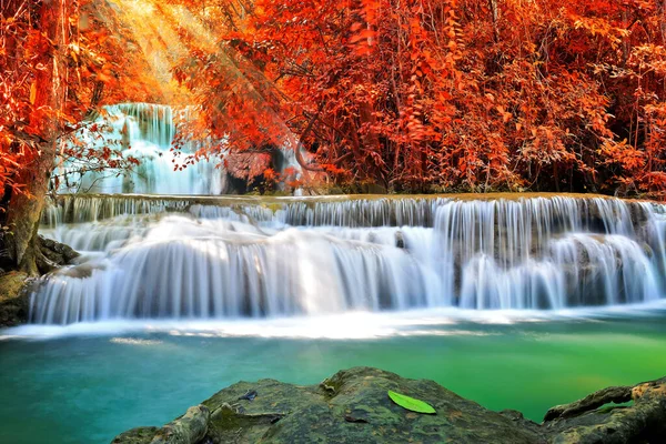 令人惊奇的自然 美丽的瀑布落在五彩缤纷的秋天森林里的秋天 — 图库照片