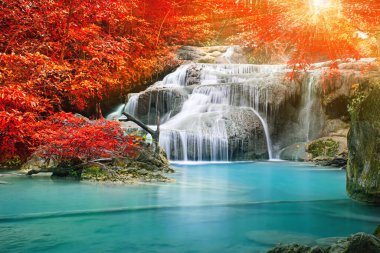 Doğada inanılmaz, sonbahar mevsiminde renkli sonbahar ormanlarında güzel şelale.  