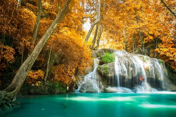 stock image Amazing in nature, beautiful waterfall at colorful autumn forest in fall season 