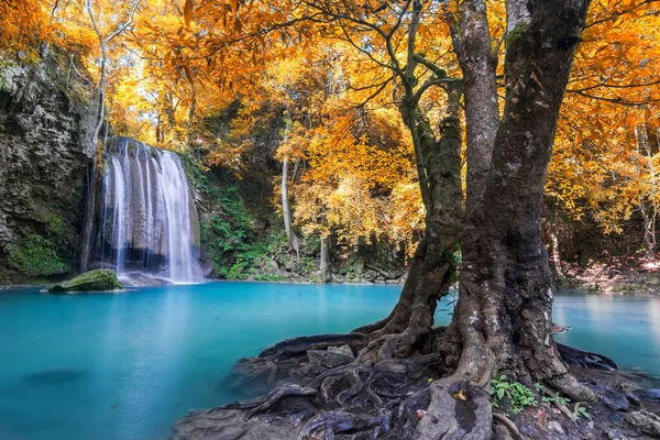 Verbazingwekkend Natuur Prachtige Waterval Bij Kleurrijk Herfstbos Het Najaar — Stockfoto