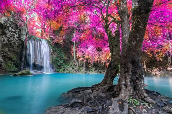 Amazing in nature, beautiful waterfall at colorful autumn forest in fall season