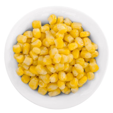 Beyaz kasede taze mısır. Üst görünüm.