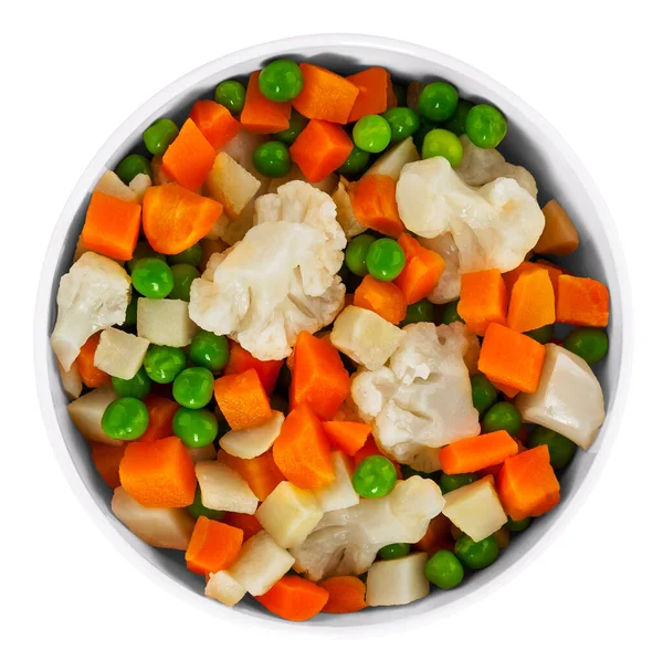 Beyaz kasede taze karışık sebzeler. Üst görünüm. 