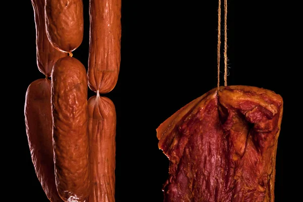 Smoked Bacon Sausages Smokehouse — Stock Photo, Image