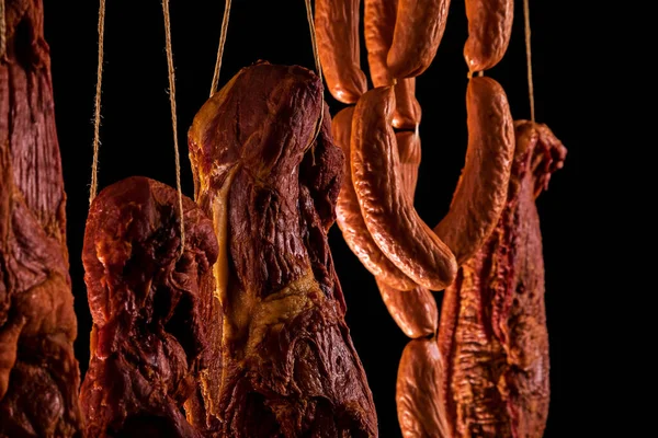 Jambon Fumé Bacon Cou Porc Saucisses Dans Fumoir — Photo