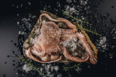 Taş bir masadaki bütün çiğ ahtapot.