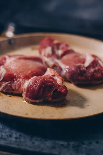 Preparación Carne Cerdo Sartén —  Fotos de Stock