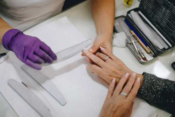 Woman Hands Nail Salon Receiving Manicure — Stock Photo, Image