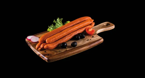 Smoked Sausages Cutting Board Isolated Clipping Path — Stock Photo, Image