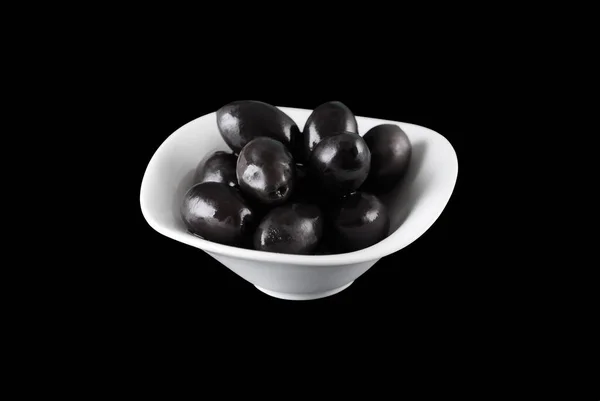 Black Olives Ceramic Bowl Black Background Clipping Path — Stock Photo, Image