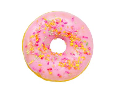Beyaz arka planda pembe kremalı donut.