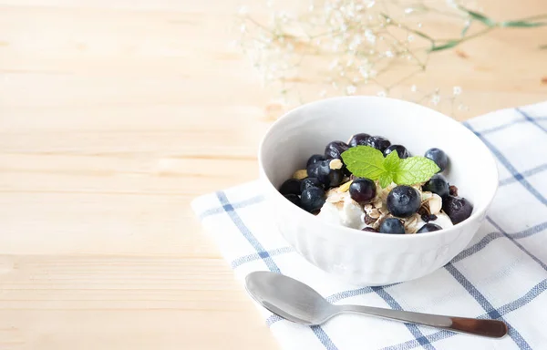 Healthy Breakfast Yogurt Muesli Berries White Bowl — Stock Photo, Image